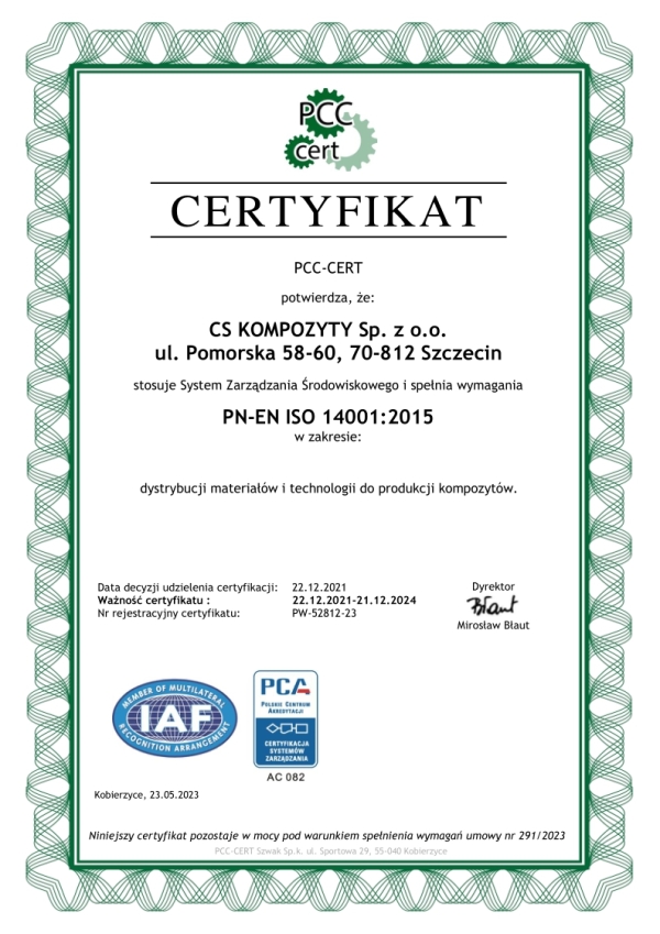 Certyfikat PN-EN ISO 14001:2015