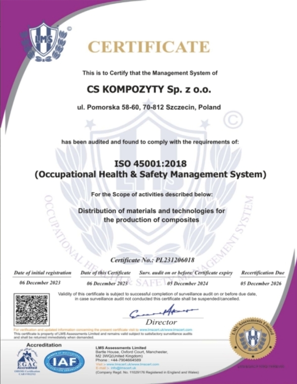 [15.12.2023] Uzyskaliśmy certyfikat ISO 45001:2018
